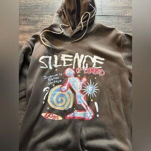Silence of Damned Brown Graphic Hoodie with Skeleton Design Large